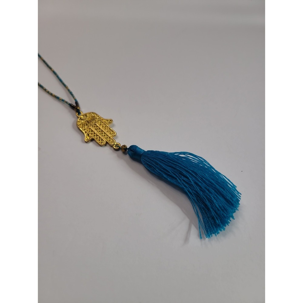 Gold Tone Hamsa Hand Blue Tassel Necklace Beaded Boho Evil Eye Protection - Picture 6 of 8
